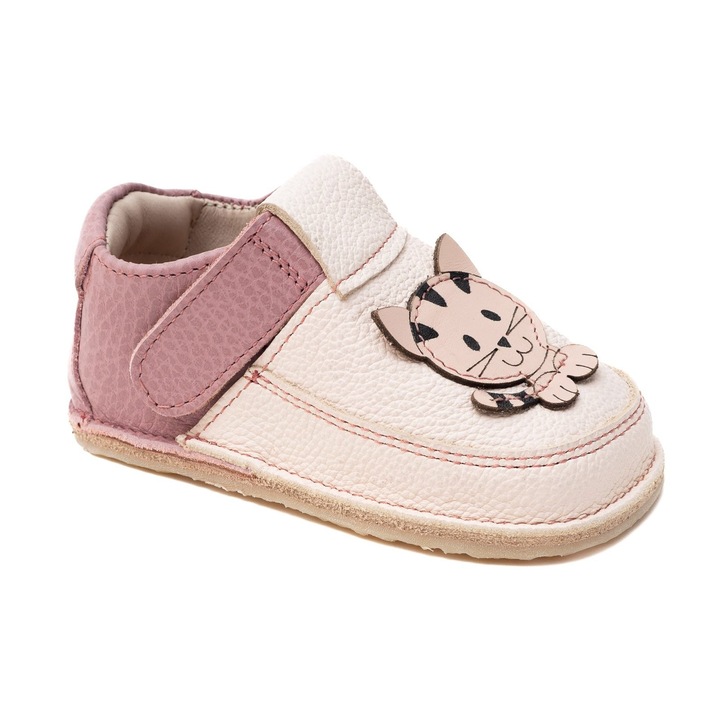 Papucei Barefoot Copii, primii pasi, piele naturala, talpa flexibila de cauciuc, Melvelo - Ivory / Dusty pink / Cat 1228