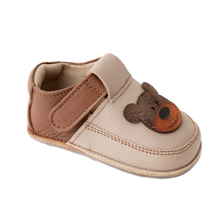 Papucei Barefoot Copii, primii pasi, piele naturala, talpa flexibila de cauciuc, Melvelo - Beige / Bear 2489