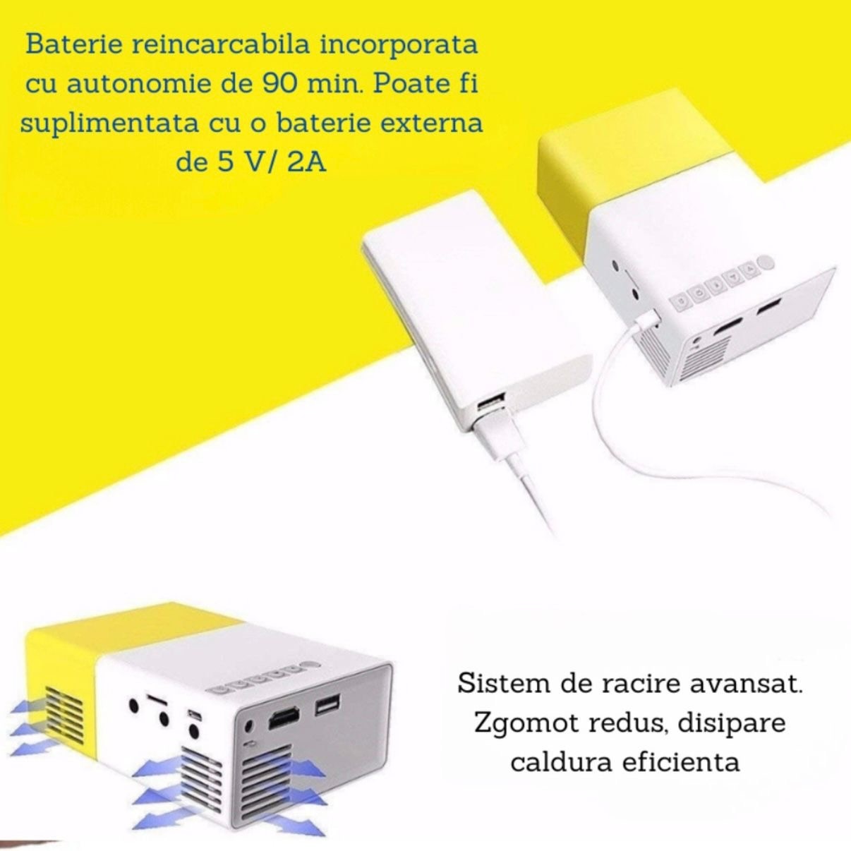 Mini Video Proiector Portabil LED, Full HD 1080P Support, HDMI USB AV ...