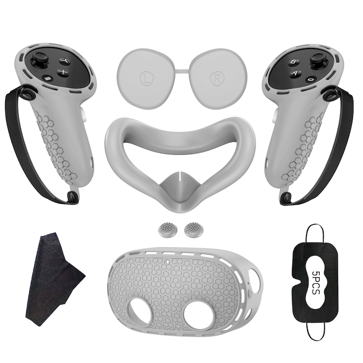 Set de accesorii VR 7-in-1, compatibil cu Meta Quest 3S, husa de protectie antialunecare din silicon, set de accesorii VR, design monobloc, instalare usoara, culoare gri
