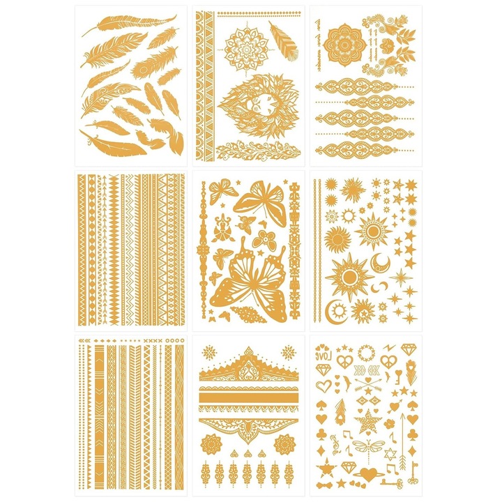 Dekoratív arany ideiglenes tetoválások, testmatricák nyárra, fesztiválokra és partikra, különböző szimbólumok, 9 lap, 14.8 x 21 cm, arany