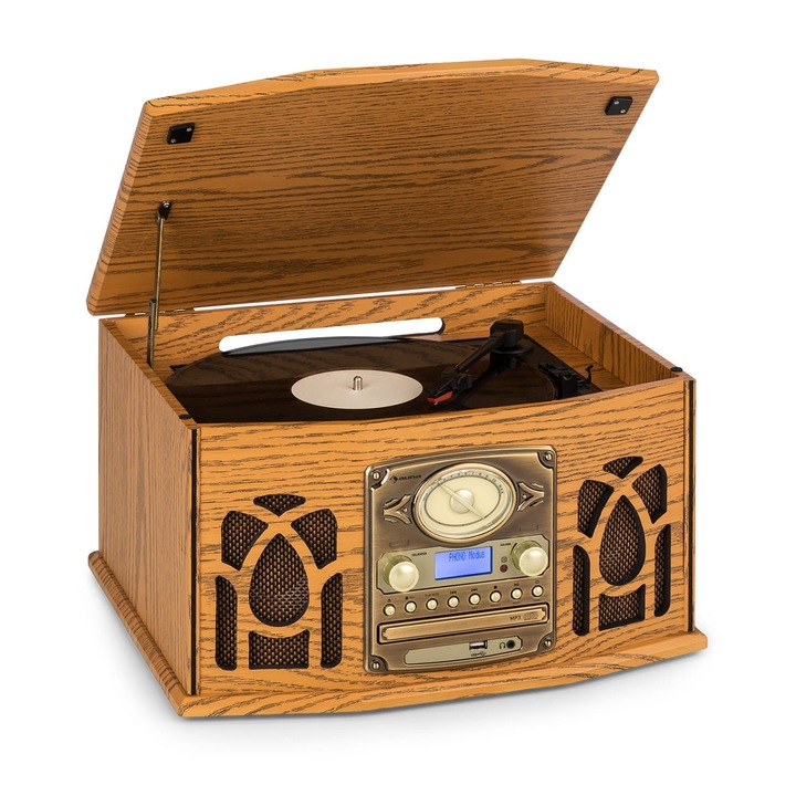 Sistem stereo Auna NR-620, gramofon, radio DAB+, CD player, lemn, maro, 41x23x35cm