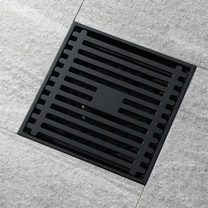 Scurgere de dus din alama neagra 10x10cm – Capac detasabil – Rezistent la coroziune – Pentru dusuri moderne si zone umede