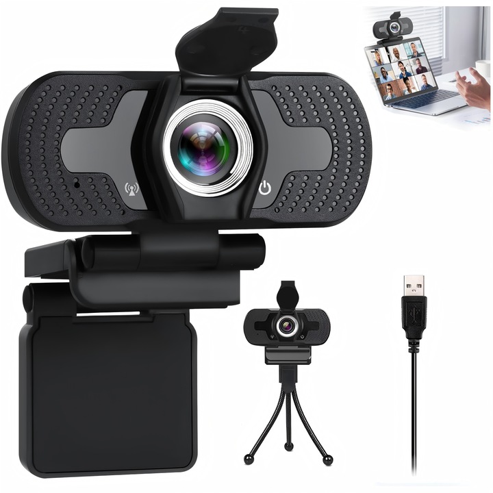 Camera Web, Wulnar, Full HD, Rezolutie 1920 x 1080p, Rotatie 360°, Microfon Omnidirectional cu Reducere Zgomot, Conectare PC/Laptop, Cablu USB 2.0, Tripod si Capac Intimitate Incluse, Culoare Negru