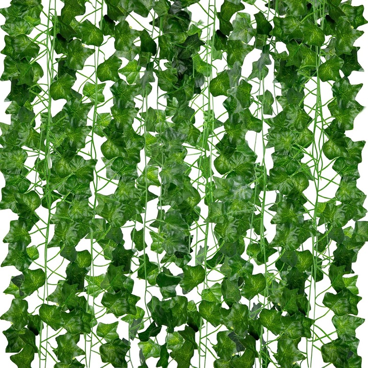 Ghirlande artificiale din iedera - Pachet de 12, Lungime 210 cm - Vita de vie artificiala agatata realista pentru decorarea dormitorului si gradinii in interior/exterior, plante artificiale verzi din plastic