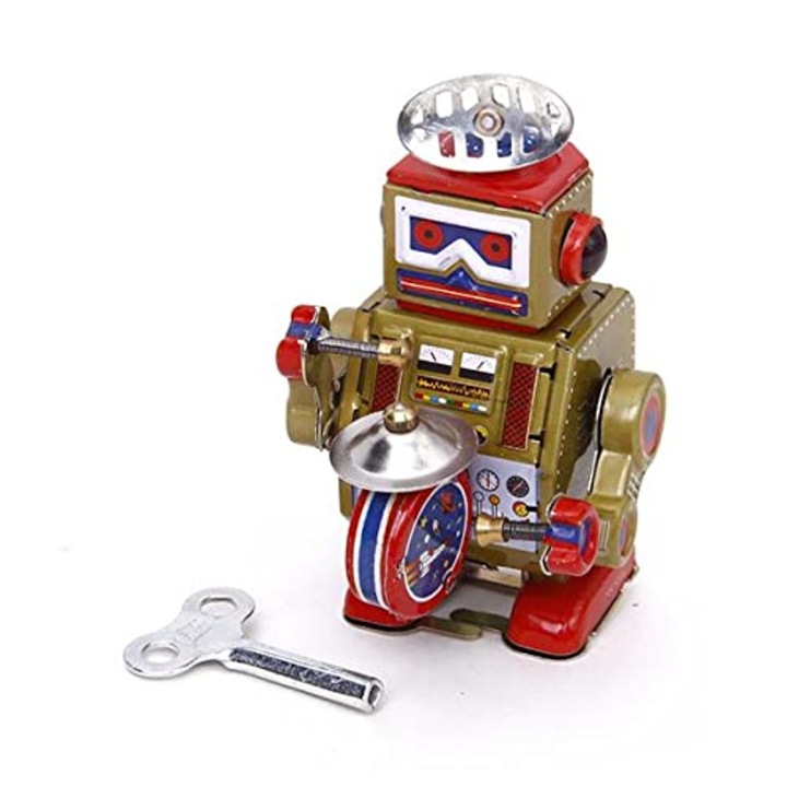 JPT Robot Dobos Figura, Arany, 10 cm, Kulcsos Mechanika, Retro, Többszínű
