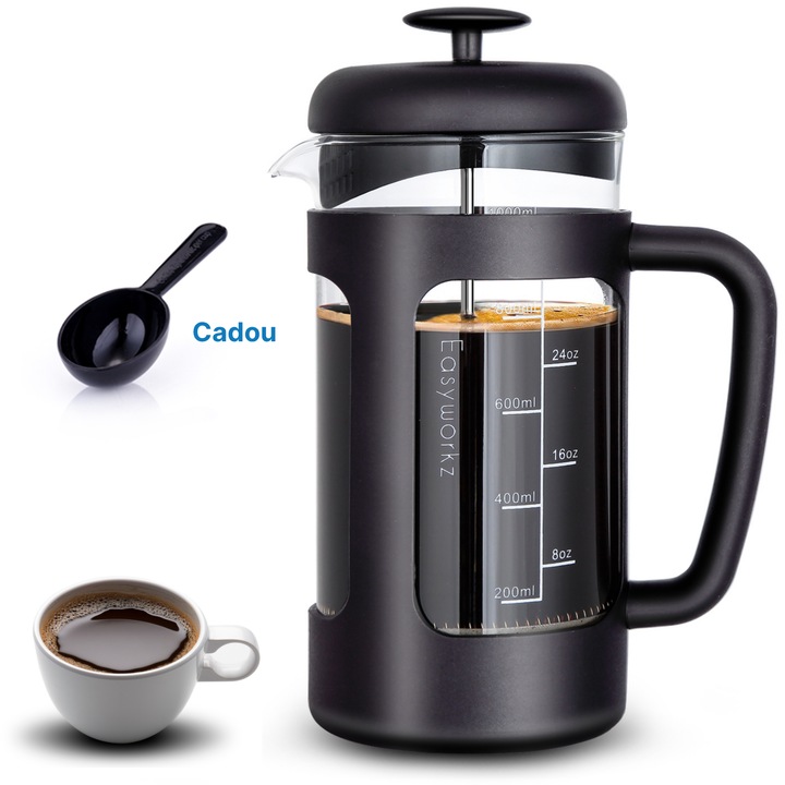 Presa Franceza Easyworkz EZ-CP1000C pentru Cafea si Ceai 1000 ml - Sticla Borosilicata Certificata SGS, Fara BPA, Maner Soft-Touch, Negru Include Lingurita