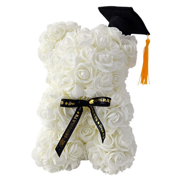 Aranjament cadou absolvire Graduate 2026, urs floral din trandafiri de spuma 25 cm cu toca, Alb, VELVE