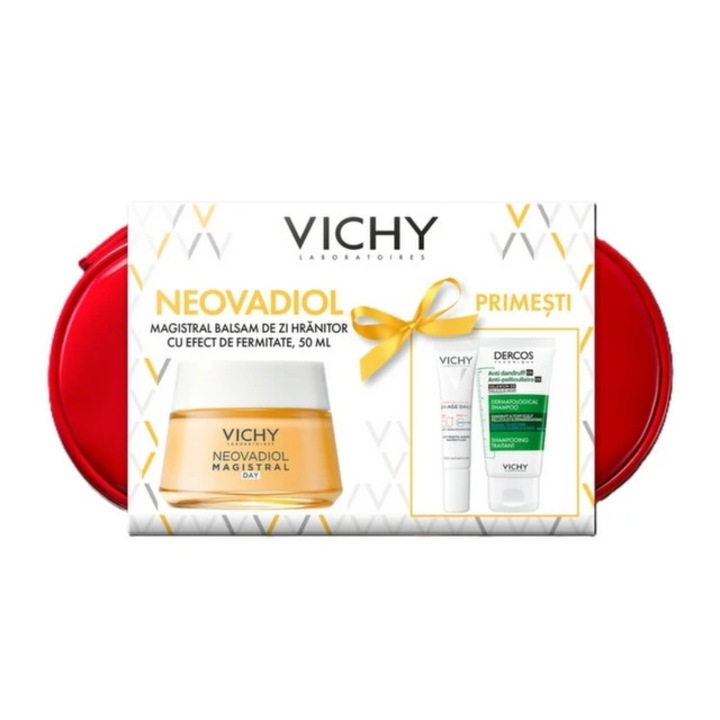 Trusă cadou Vichy Neovadiol Magistral, cremă antirid de zi 50ml, fluid SPF 50+ 15ml, șampon anti-mătreață 50ml