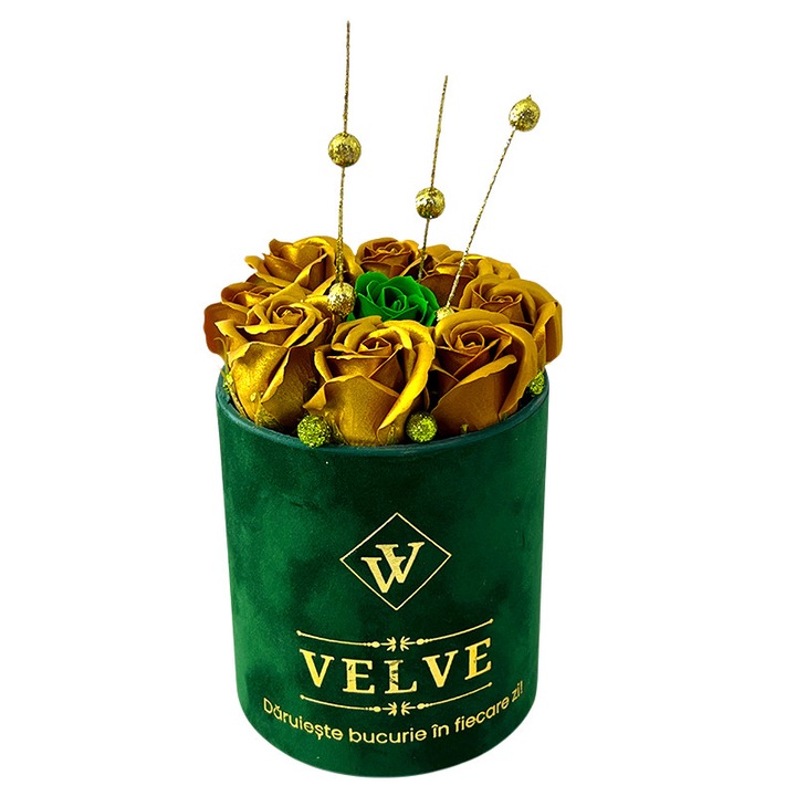 Aranjament floral VLV cu 9 trandafiri de sapun, cutie catifea verde si detalii aurii, Velve