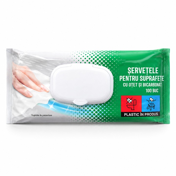 Servetele umede cu otet si bicarbonat pentru multiple suprafete, 100 bucati