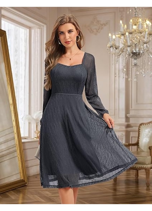 Rochie Bbonlinedress, stil vintage, dantela, croi A-line midi, Gri