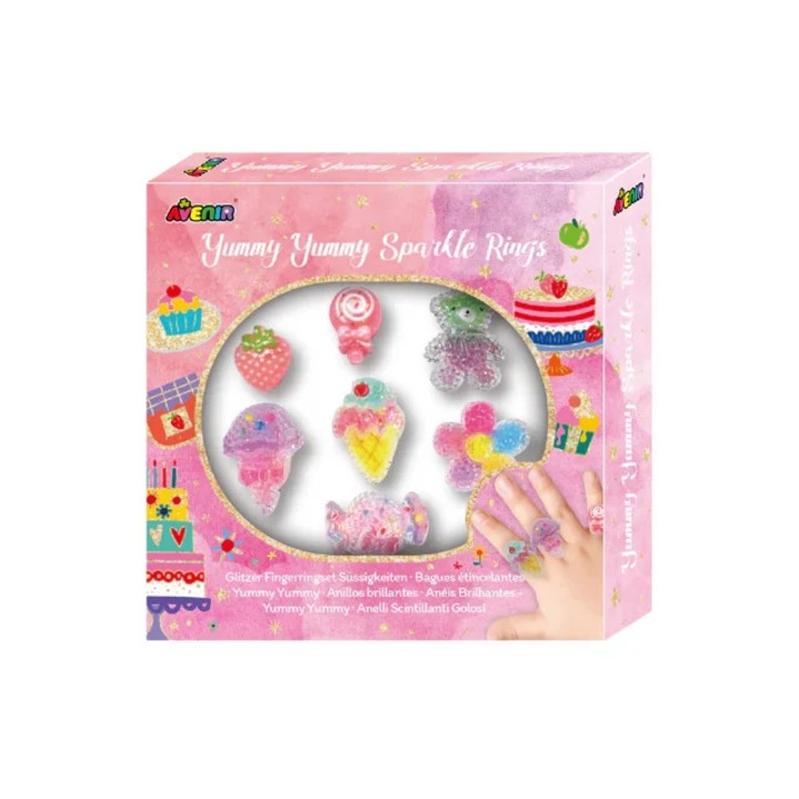 Set inele strălucitoare Avenir Yummy Yummy, 7 piese, dimensiune 12.5x3x12.5cm, pentru fete