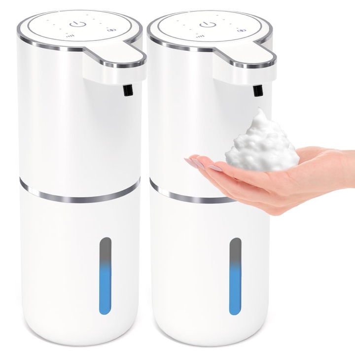 Dozator automat de sapun spumant Leccik®, Set 2 bucati, Senzor infrarosu inteligent, Fara contact, Reincarcabil USB, Montare pe perete, Capacitate 400 ml, Ideal pentru baie si bucatarie, Culoare Alb