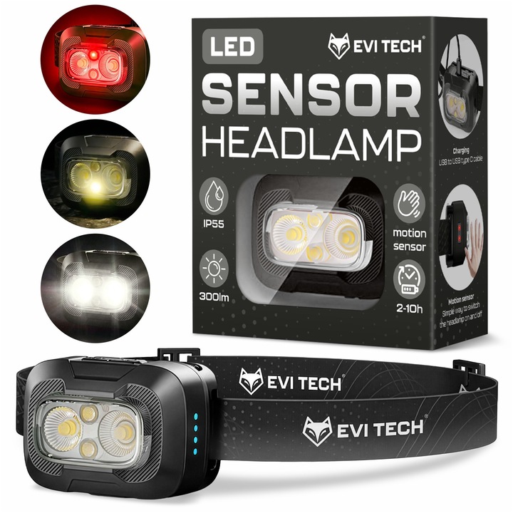 LED челник EVI TECH WaveBeam 300, USB-C презареждаем, Сензор за движение, 300 lm, 8 режима, Водоустойчив IP55, Батерия 1500 mAh, ЧЕРЕН ЦВЯТ