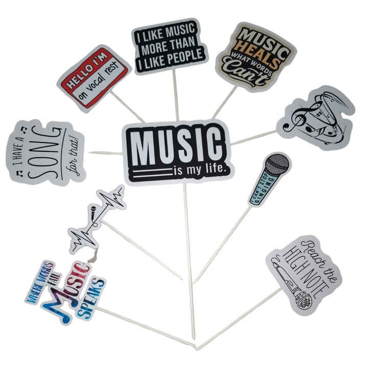 Decoratiune topper tort carton, tematica cantaret, aniversare - 10 piese