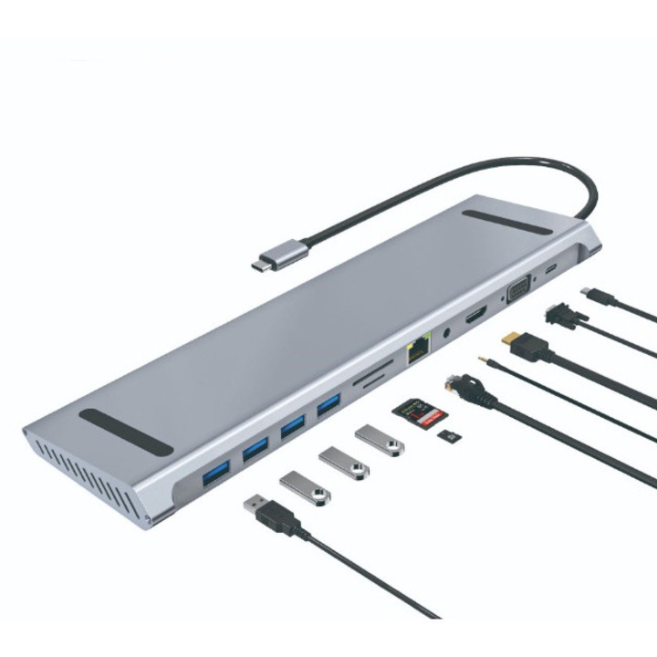 USB-C dokkolóállomás 11 az 1-ben, univerzális, 100Mbps, HDMI 4K, DisplayPort, USB3.0, USB2.0, Type-C, AUX, SD/TF