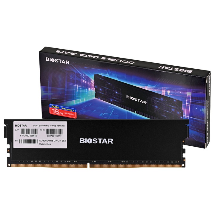 RAM памет Biostar, 16 GB, DDR4, 3200 MHz, 1.35 V, Black
