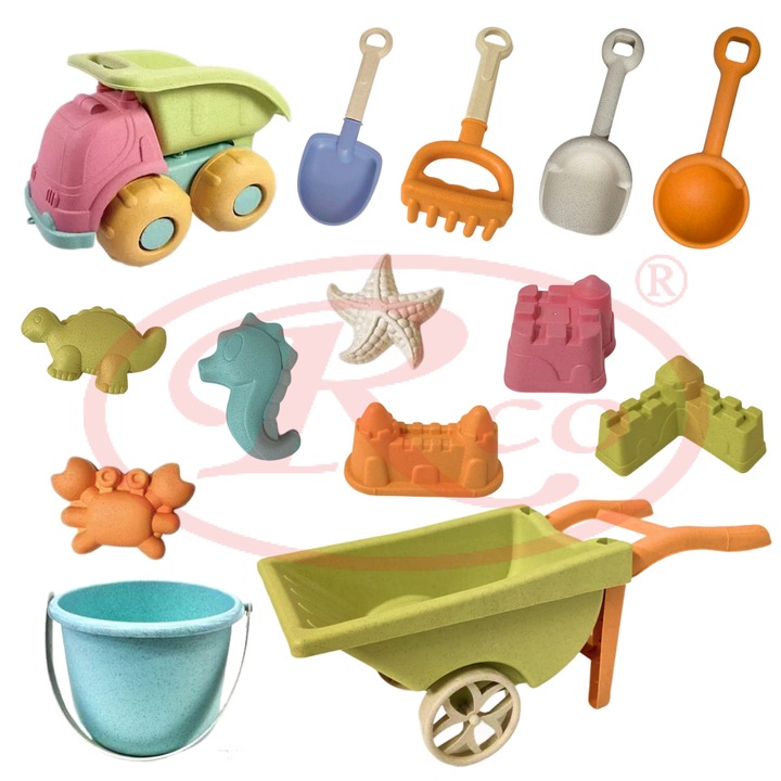 Set 14 jucarii pentru plaja si nisip RCO®, camion cu o varietate de accesorii multifunctionale si culori pastelate, ideal pentru activitatile individuale sau de grup, HT2005-07
