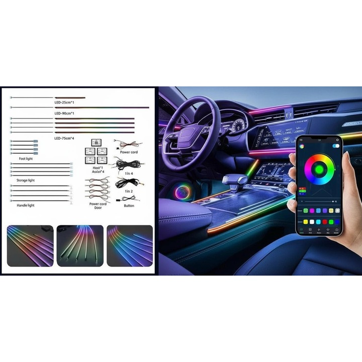 Kit Lumini Ambientale Auto MILARIS® 18 in 1 RGB, Benzi Acrylic LED, Control APP, Sincronizare Muzica, Iluminare Interior Masina, Multicolor, Efect Symphony, Universal 12V, Iluminare Premium