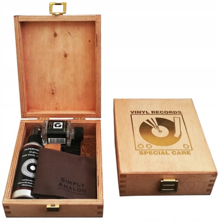 Simply Analog fa tisztítószett bakelit lemezekhez és hangszedő tűhöz, 80ml tisztítófolyadék, 30ml tűtisztító folyadék, fa kefe, mikroszálas kendő 15x18cm