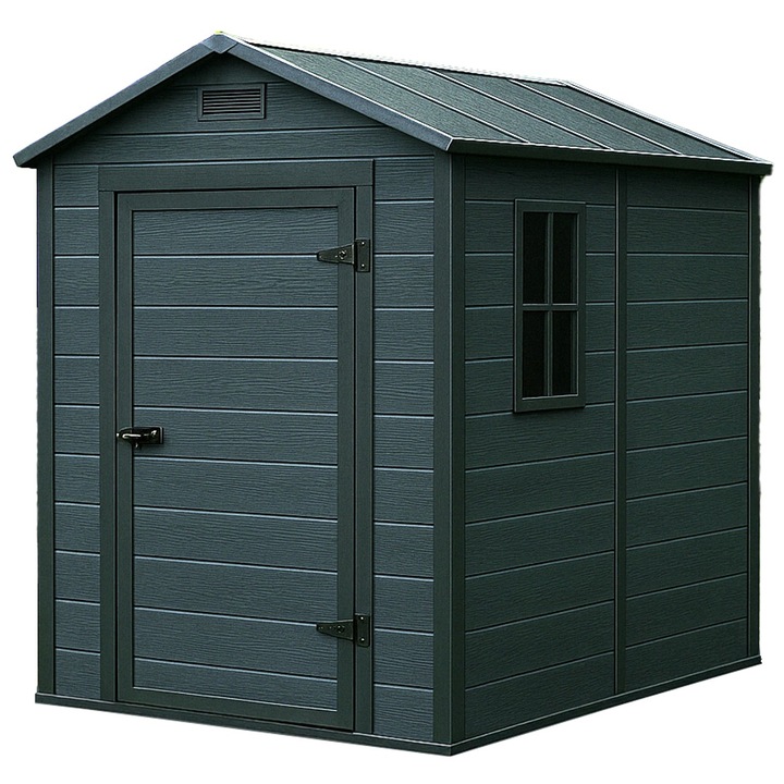 Magazie gradina pentru unelte, cu ventilatie si fereastra, plastic tip lemn, 131x186x198 cm, negru