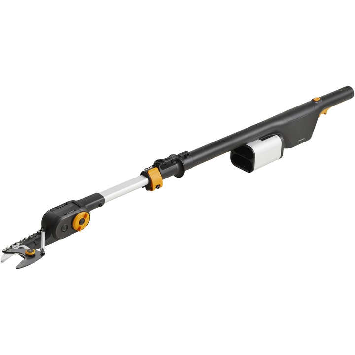 Foarfeca electrica pe acumulator pentru pomi/gradina Fiskars, 12 V, tija telescopica 1.3 - 1.7 m, lama pas cu pas, diametru maxim taiere 32 mm, cap taiere reglabil, motor brushless, fara incarcator si acumulator in setul de livrare