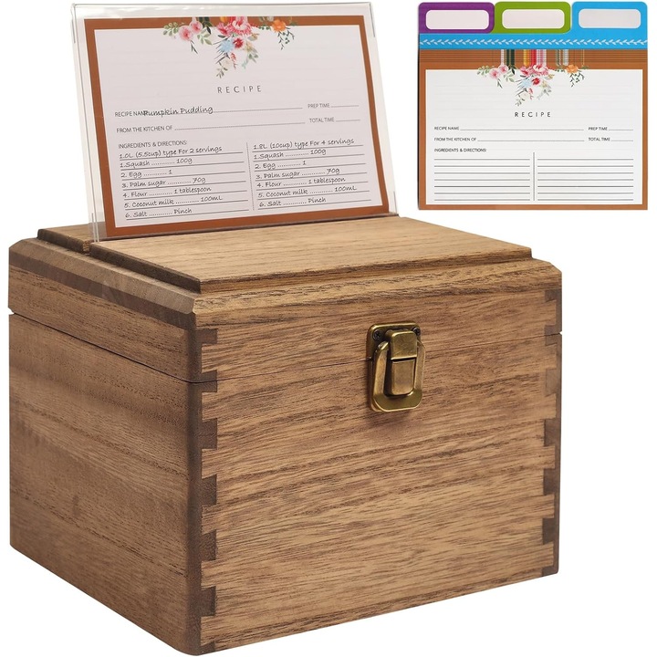 Cutie din lemn pentru rețete KIRIGEN, set complet cu 100 carduri și 12 separatoare, natur, 17.8x15.1x14.2cm