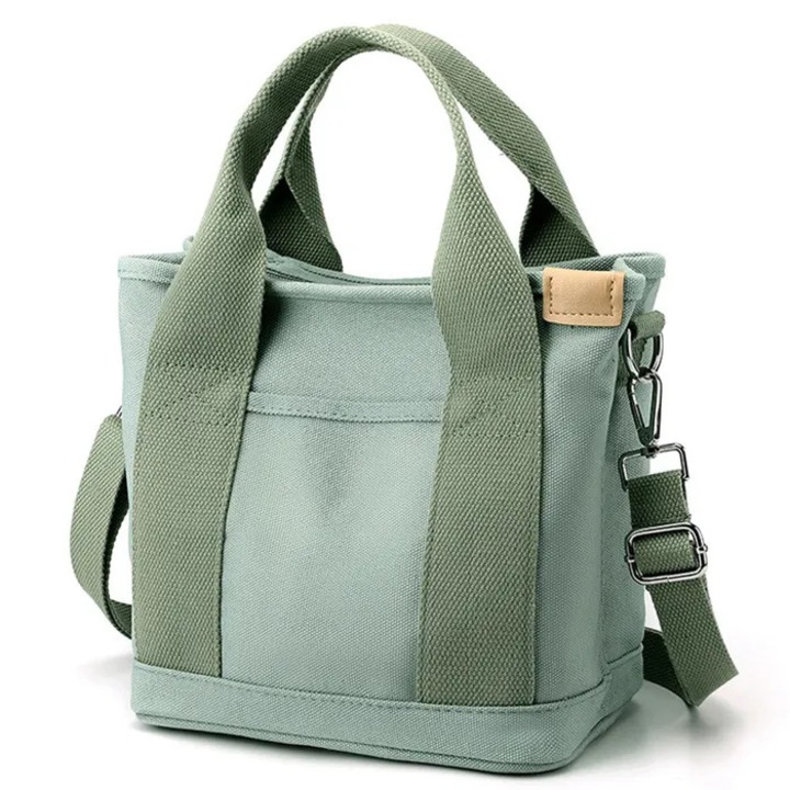 Geanta tote mica cu fermoar, design compartimentat, material canvas, 23x21x15cm, culoare argintie