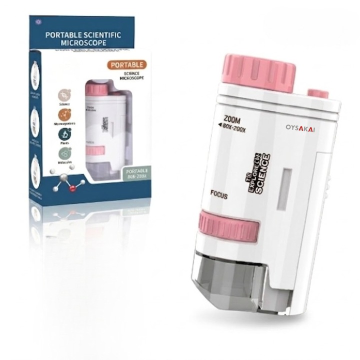 Microscop Digital Portabil pentru Copii OYSAKAI, Zoom 80x-200x, 8 LED, Jucarie Educativa STEM, Cadou Baieti Fete, Explorare Natura Insecte – ROZ