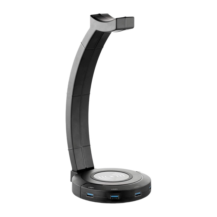 Suport căști UWOT, 4 porturi USB 3.0, încărcare wireless 15 W, negru