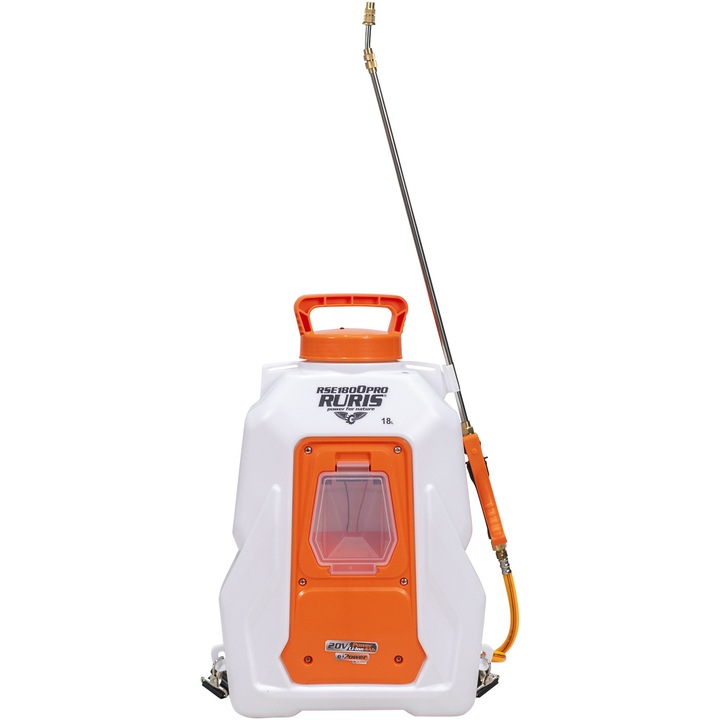 Ruris RSE 1800PRO akkumulátoros nyomású permetezőpumpa, 20 V, Elektromos motor, 6 bar maximális nyomás, 18 l tartály, Fémlándzsa, Kompatibilis a Ruris Alfa Up akkumulátorokkal