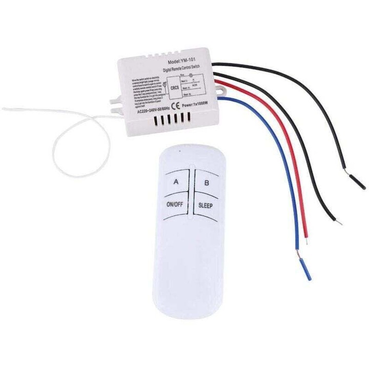 Comutator wireless receptor / telecomanda YAM-101, dimmer digital pentru lampi, codare independenta, releu 7A, 200-265V, capacitate: incandescent 600W / lampa economisitoare 150W / LED 50W, alb, 1 buc
