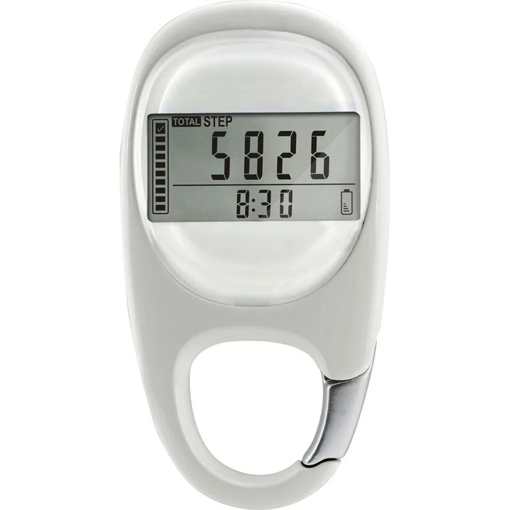 Podometru 3D contor pasi cu carabiniera, senzor 3D triaxial, display LCD mare, alb, 1 buc