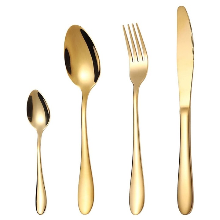 Set tacamuri din otel inoxidabil 24 piese, aurit, pentru 6 persoane, include 6 linguri, 6 furculite, 6 cutite, 6 lingurite