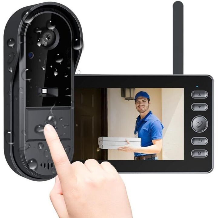 Sonerie video wireless cu camera 800W, ecran 4.3 inch, unghi 170°, rezistenta la apa, baterie 1000mAh