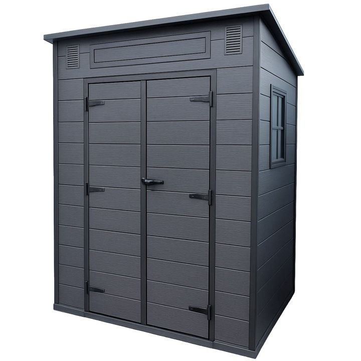 Magazie gradina pentru unelte, cu usa dubla si fereastra, plastic tip lemn, 181x130x200 cm, negru