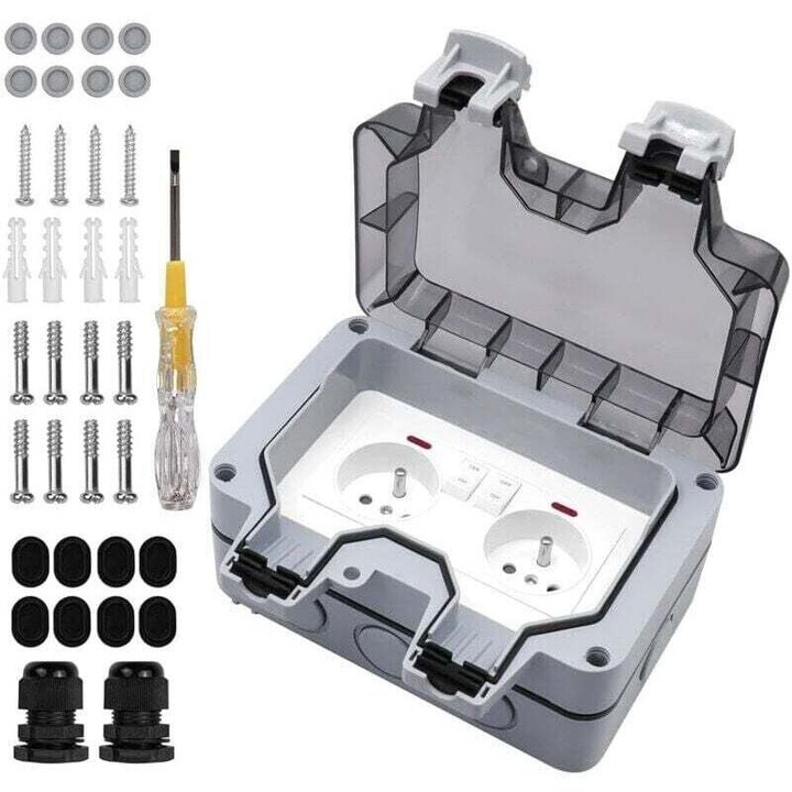 Priza exterioara waterproof cu intrerupator, dubla, standard european, 220V-250V, 16A, pentru utilizare in gradina, baie, bucatarie
