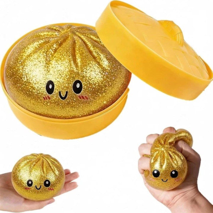 Jucarie antistres/squishy Big Bun 10 cm, din silicon, cu sclipici, cu revenire lenta (slow rising), cu cutie tip aburitor, auriu, 1 buc