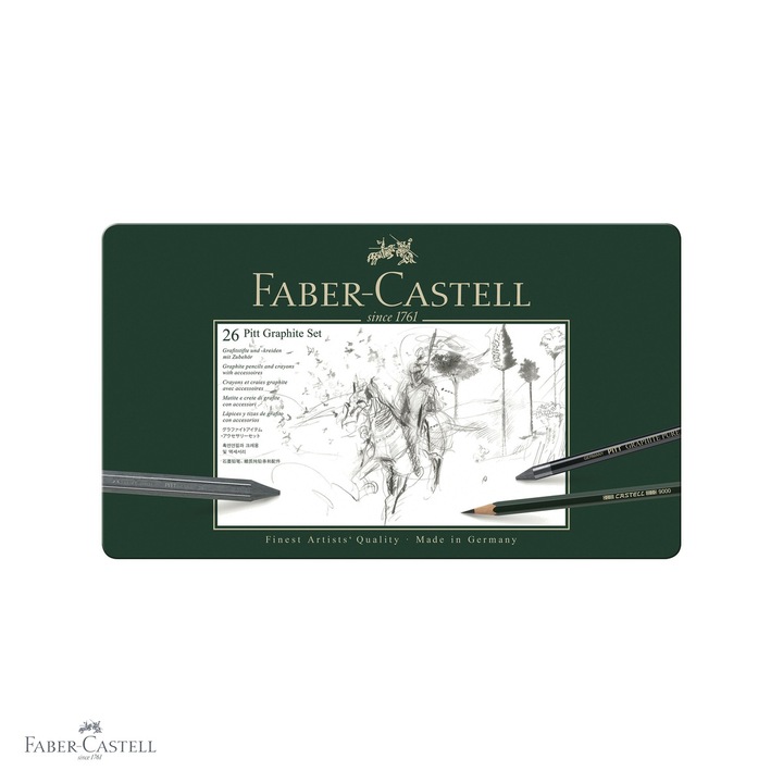 Set desen grafit 26 bucati Faber-Castell Pitt Monochrome, creioane din grafit si accesorii, multicolor