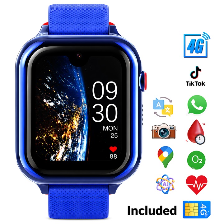 Ceas Smartwatch Copii Si Telefon Techone® KT38, Cu AI, GPS, Localizare, Masoara Temperatura, Ritm Cardiac, Oxigen, Android, WhatsApp, Tik Tok, 1.8 inch Super AMOLED, 4G LTE, Apel video, Camera HD, Wi-Fi, Apa IP67, SOS, Monitorizare Spion, App Store, Blue