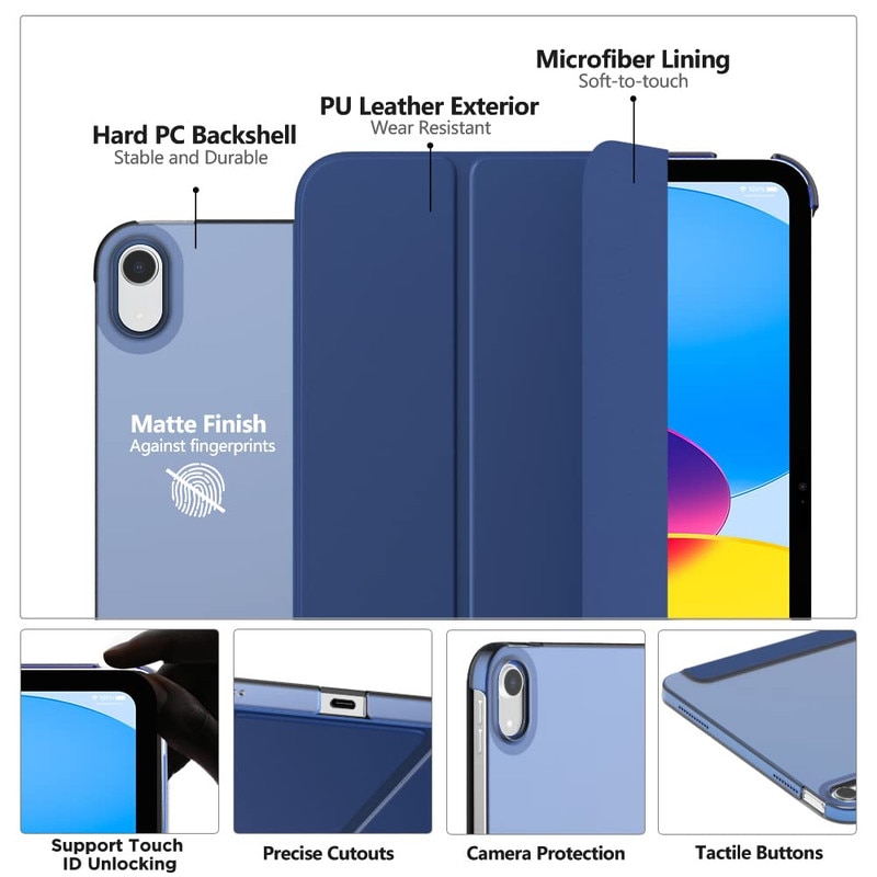 Husa tableta pentru iPad 11th gen 11-inch 2025(A16) si iPad 10th gen 10.9-inch 2022, design tri-fold, PU, TPU, ZYciyci®, Albastru inchis