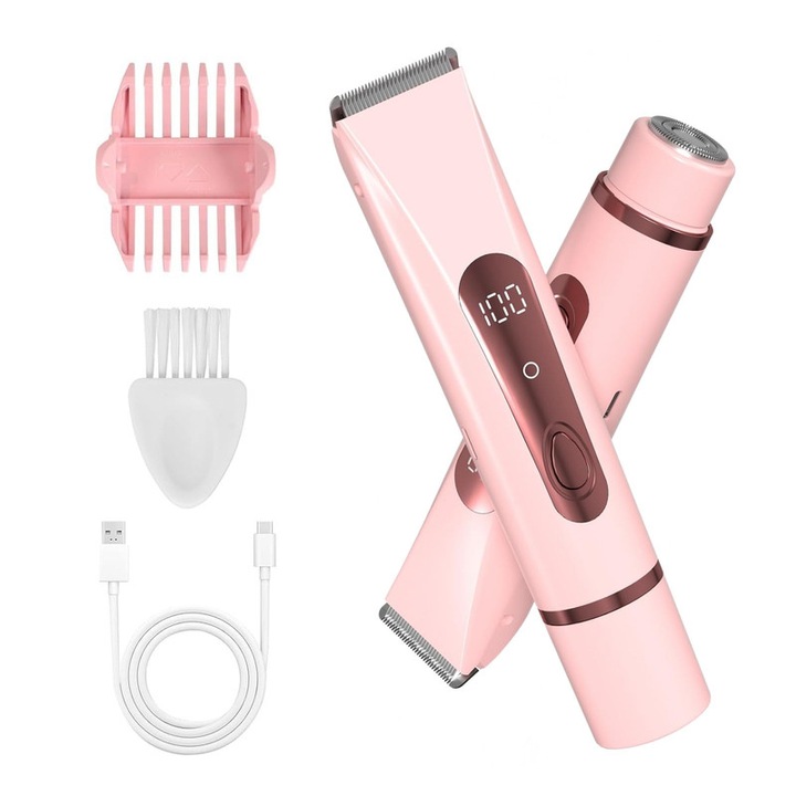 Epilator 2-in-1, trimmer electric pentru femei, aparat de tuns bikini, waterproof, afisaj de incarcare, pentru zone intime, subrate si picioare, ZYciyci®, roz