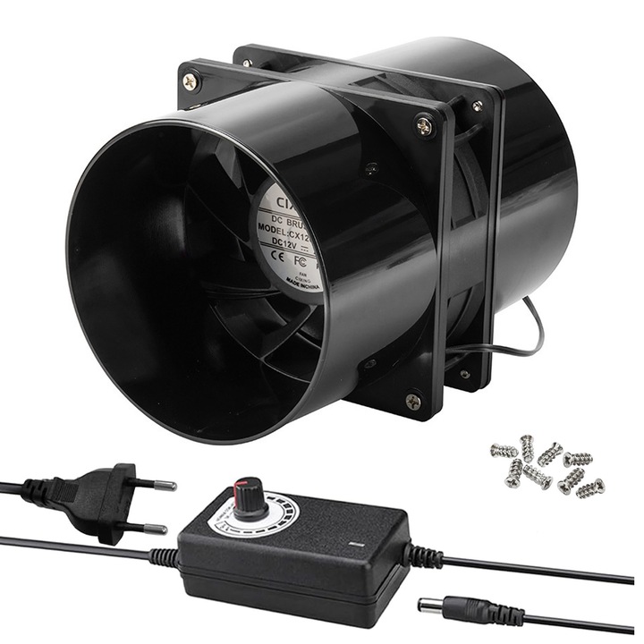 Omelivon® csőventilátor, fokozatmentes sebességszabályozás, akár 6000 ford./perc, 12V DC, tartalmaz 1 axiális ventilátort, 1 sebességszabályzót, 2 légcsövet, Fekete
