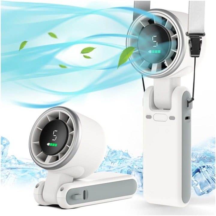 Ventilator de Mana Portabil - Mini Fan Turbo, Design Compact, 13550 RPM, 5 Trepte de Viteza, Afisaj Digital, Reincarcare USB, Pliabil 180°, Ultra Usor 190 g, pentru Vara, Ideal pentru Calatorii, Camera, Birou, Terasa, Alb, 6.10 x 17.53 x 5.59 cm