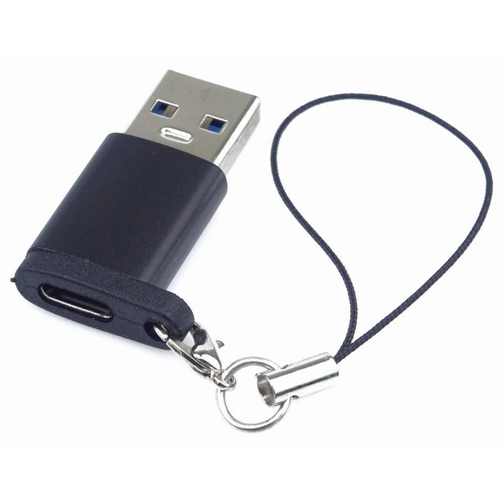 USB-A – USB-C adapter, fekete, kulcstartó rögzítéssel, kur31-19