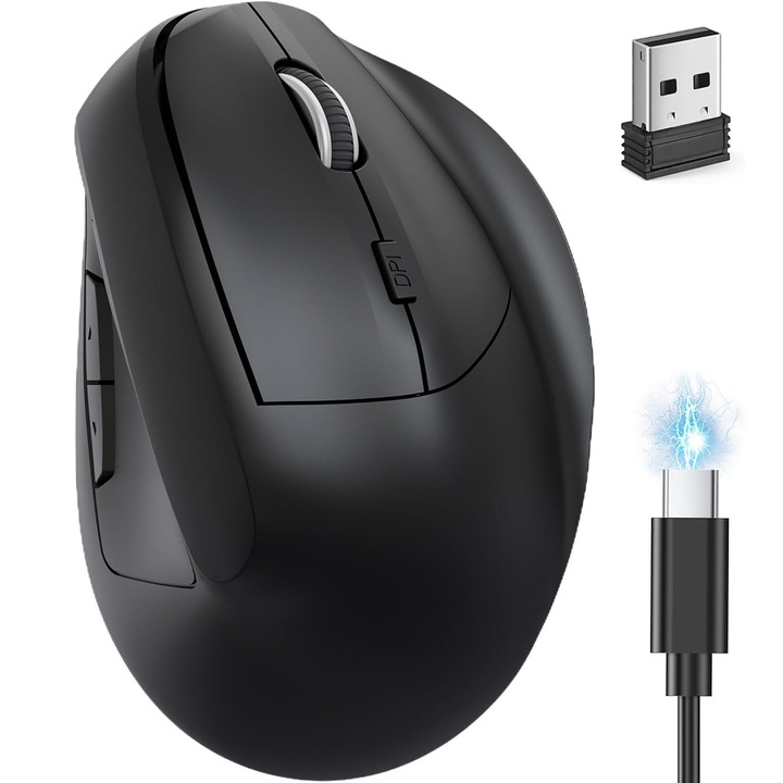 Egér Vezeték Nélküli Ergonomikus Függőleges DUAIU USB Vevővel, Vezeték Nélküli 2.4G, Halk Kattintások, Hosszú Élettartamú Akkumulátor, 1600 DPI, Újratölthető, Kompatibilis PC/Laptop/Asztali Számítógép, Fekete