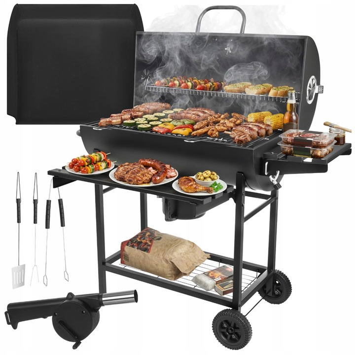 Gratar de gradina mobil pe lemne/carbuni, Zola, capac cu termometru, 2 rafturi de lucru, polita inferioara, suflanta inclusa, accesorii gratar, otel, 108 x 67 x 96 cm, negru