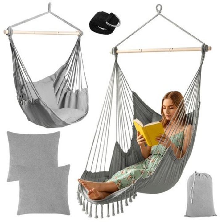 Scaun suspendat tip hamac 2 in 1, Zola, stil boho, 150 kg, 2 perne incluse, bumbac 320 g/mp, 220 x 100 x 115 cm, gri