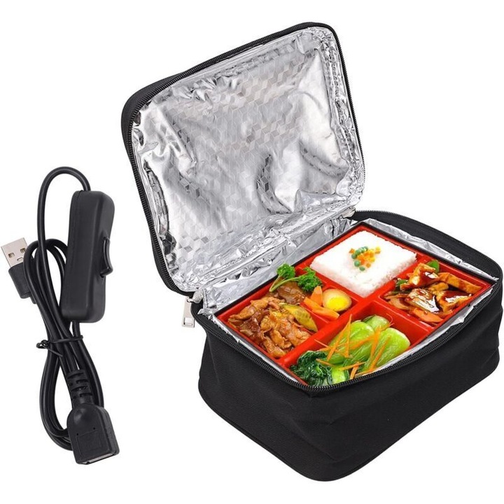 Geanta termo-izolanta, cu incalzire USB, design din material Oxford impermeabil, dimensiuni 22x17.5x9.5cm, set cu cablu de incarcare.
